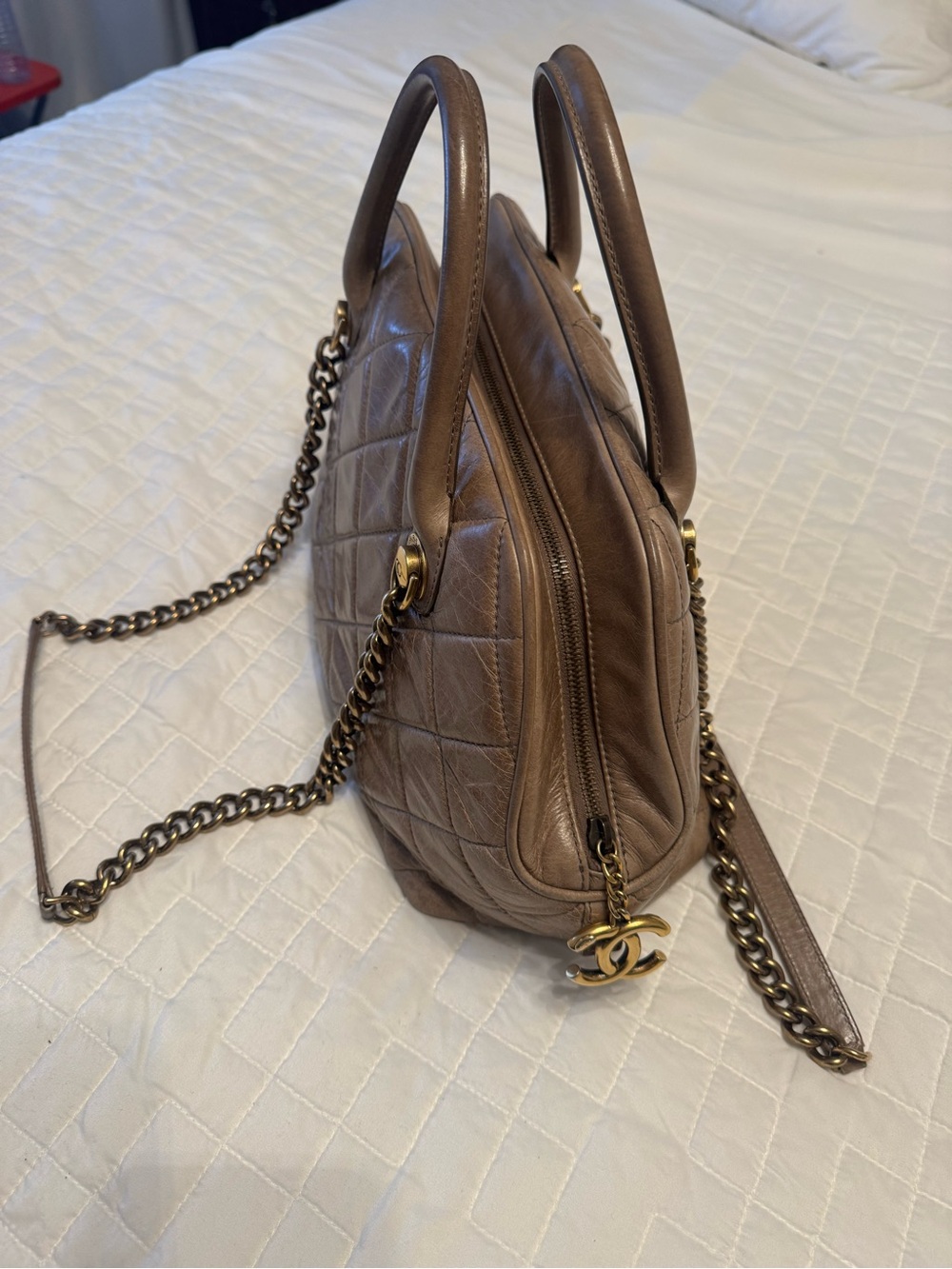 CHANEL Taupe Quilted Leather Top-Handle Satchel with Chain Strap